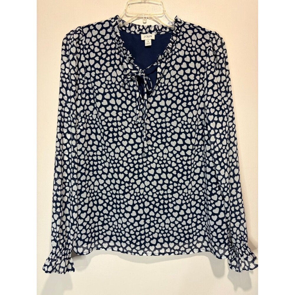 J.Crew All Over Heart Print Long Sleeve Cinch Cuffs Blouse Neck Tie Lined Size S